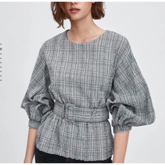 Zara Tops - Zara TRF Collection Black & White Plaid Balloon Sleeve Belted Women's S Top